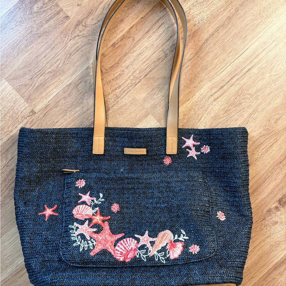 Vera Bradley Straw Navy Beach Tote with Pink Embroidery and Tan Handles